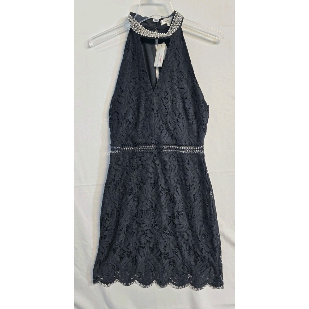 Francesca's Celebration Dress Womens M Black Lace Pearl Neckline Halter